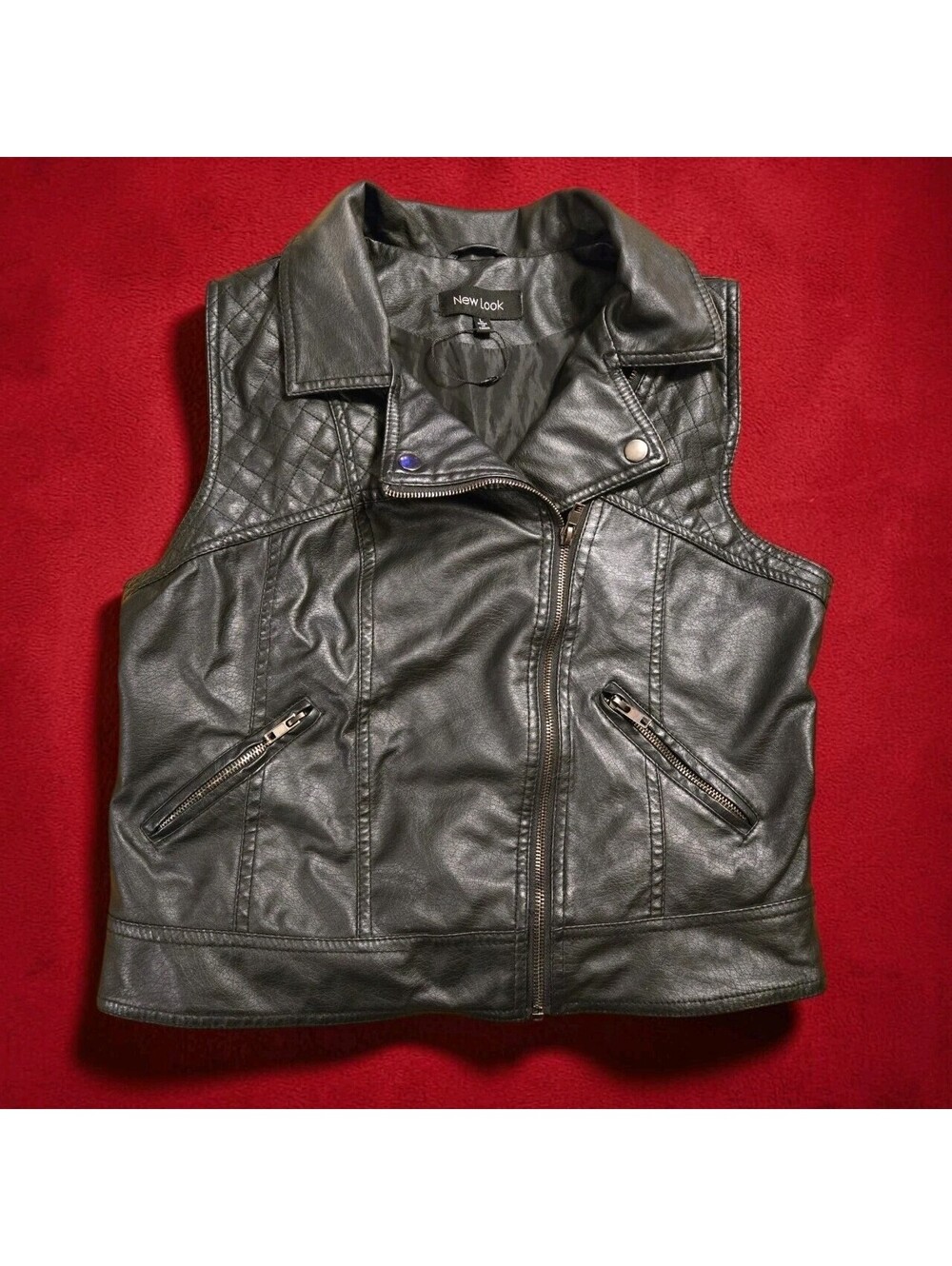 New Look Black Motorcycle Biker Vest Womens Size L Faux Leather Jacket Zips